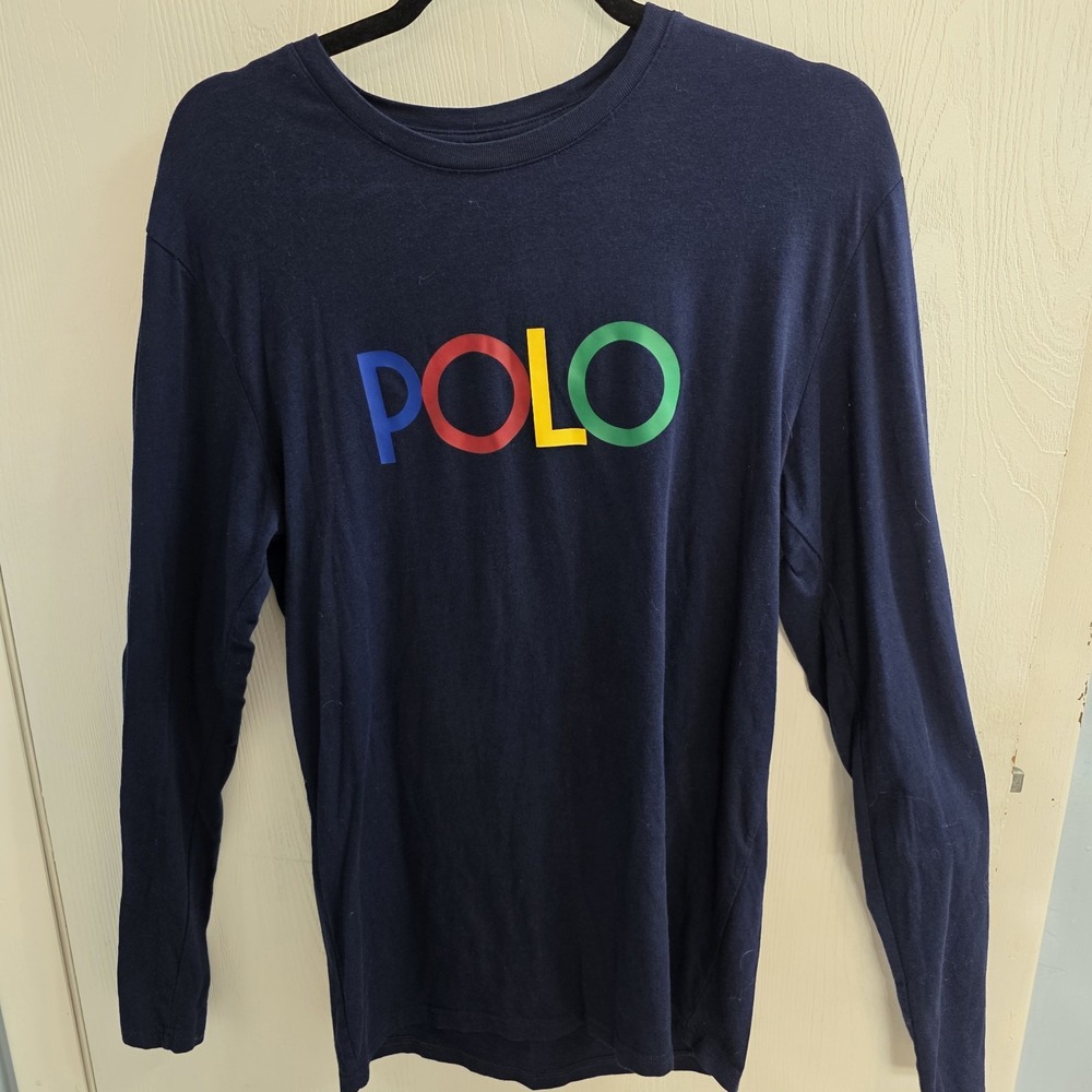 Ralph Lauren Polo Navy Blue T-Shirt Long Sleeves colorful POLO logo on chest S